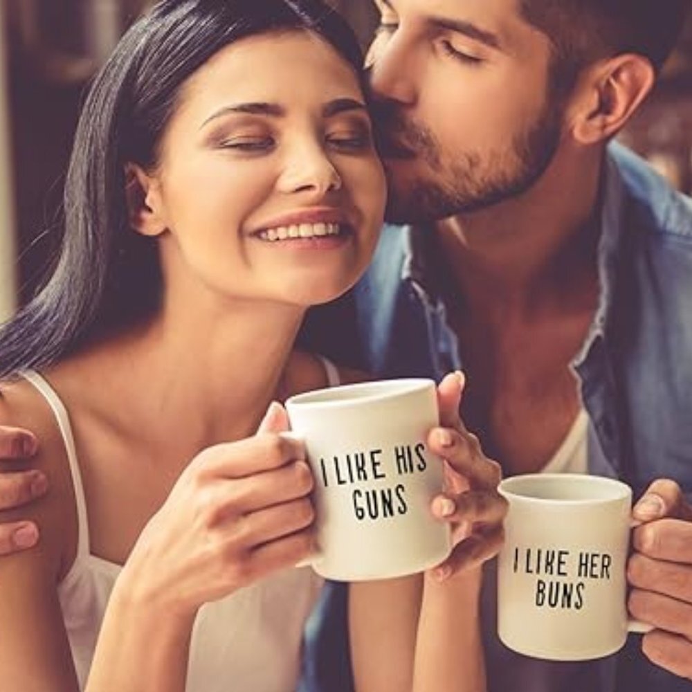 Pair of Guns and Buns Funny Mugs for Couples Husband and Wife Coffee Mugs Gift